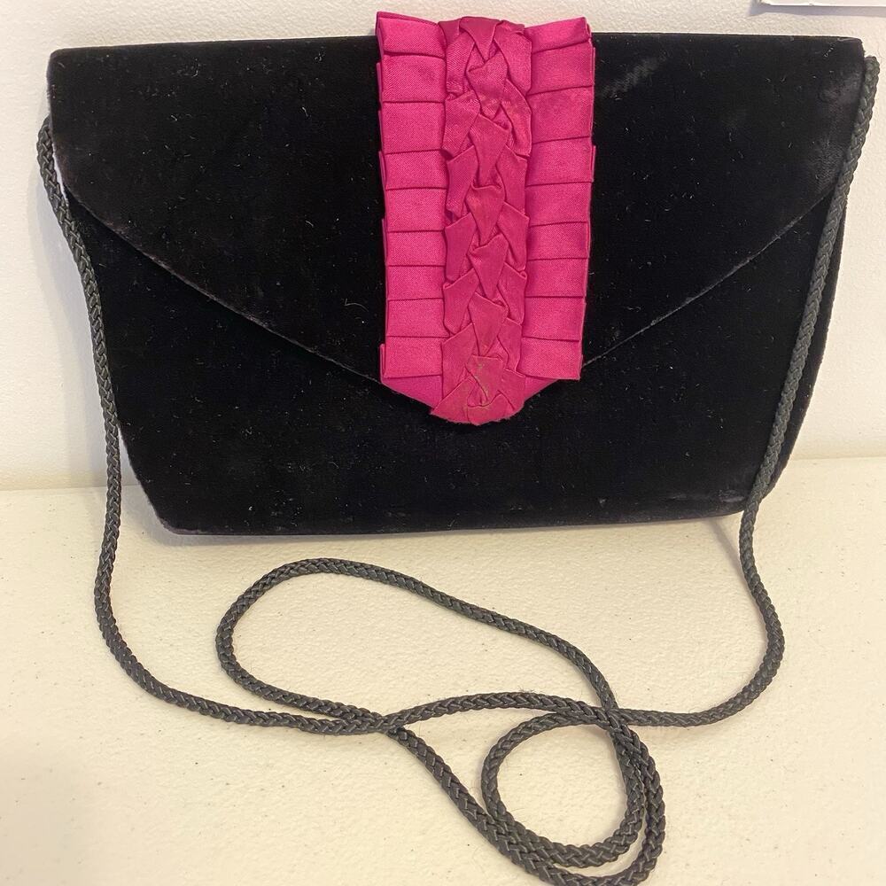 VTG 80s-90s Carla Marchi Crossbody Bag Purse Black Velvet Satin Fuchsia Retro